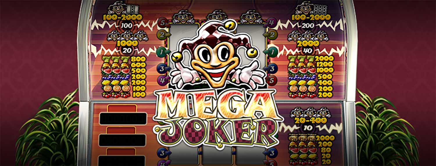 Utsnitt av spilleautomaten Mega Joker gratis med logo til spillet.
